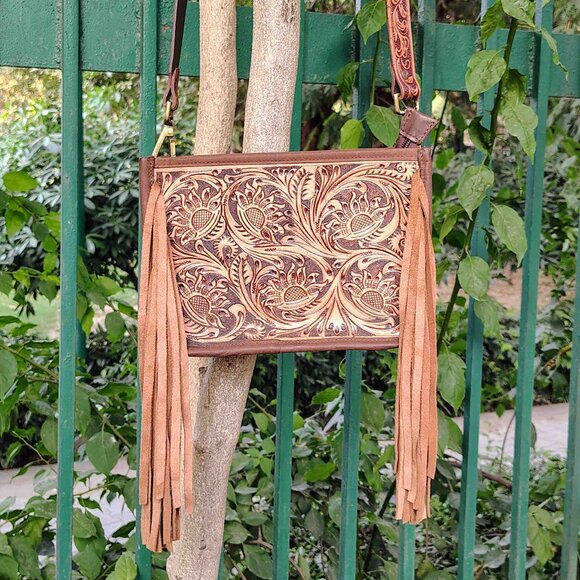 Western Leather Bag – Tooled Cowhide Crossbody, Shoulder Tote Purse with Fringes - Picture 2 of 10